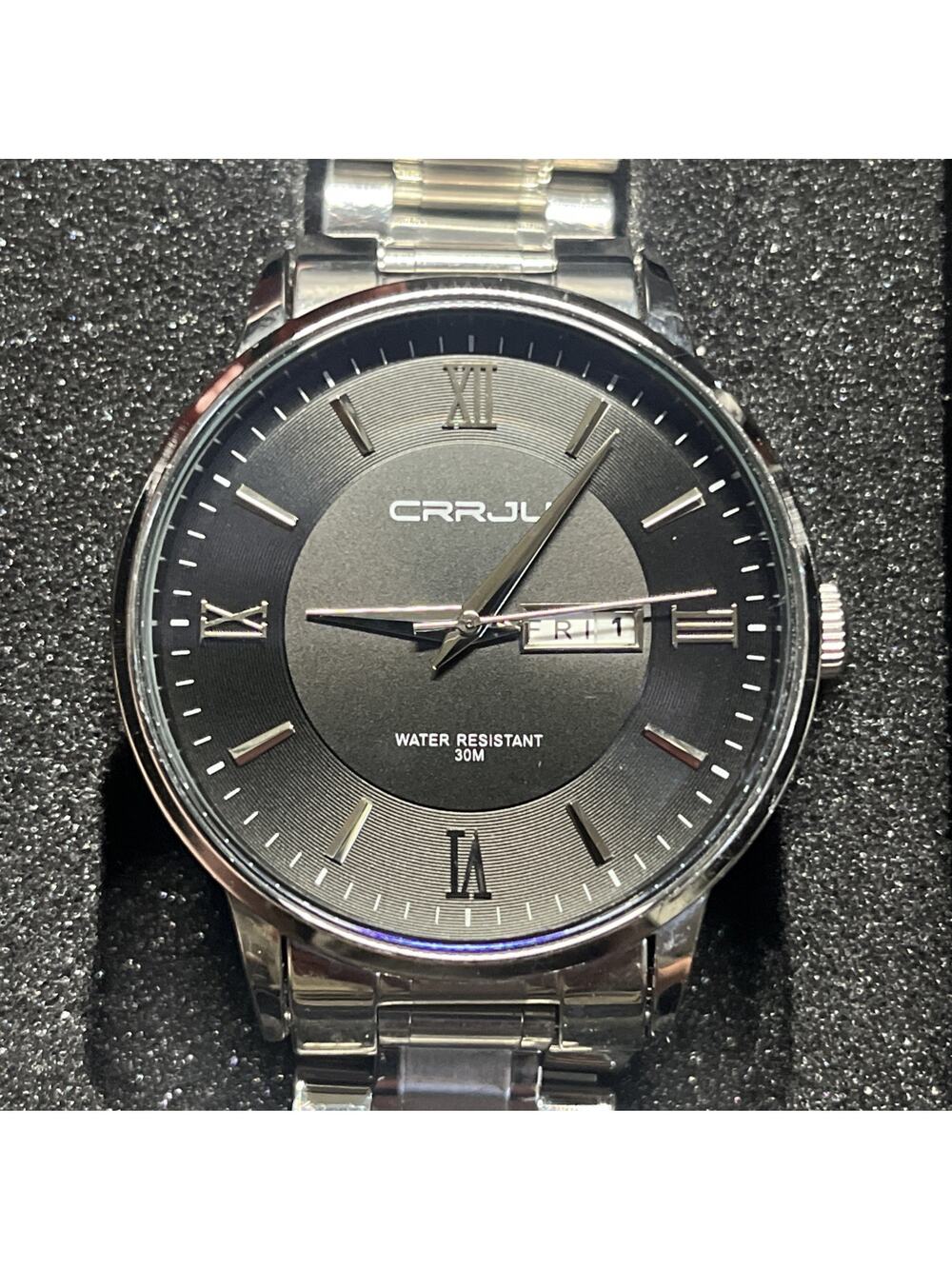 CRRJU Watch Mens 43mm Stainless Chronograph Gray Tone Date New Battery & Box.